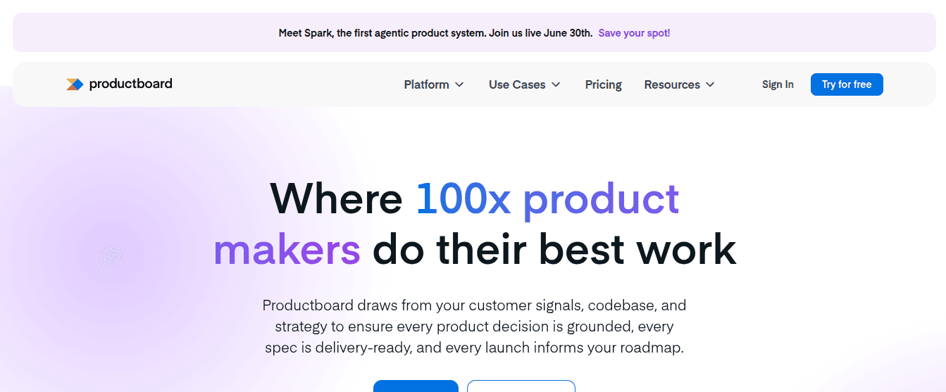 Productboard homepage showing its product management and roadmap platform