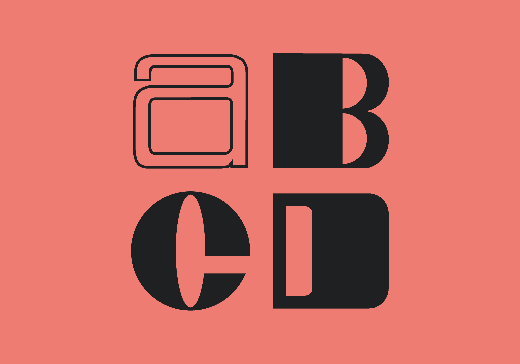 Experimental type on a coloured background showing the letters A B C D