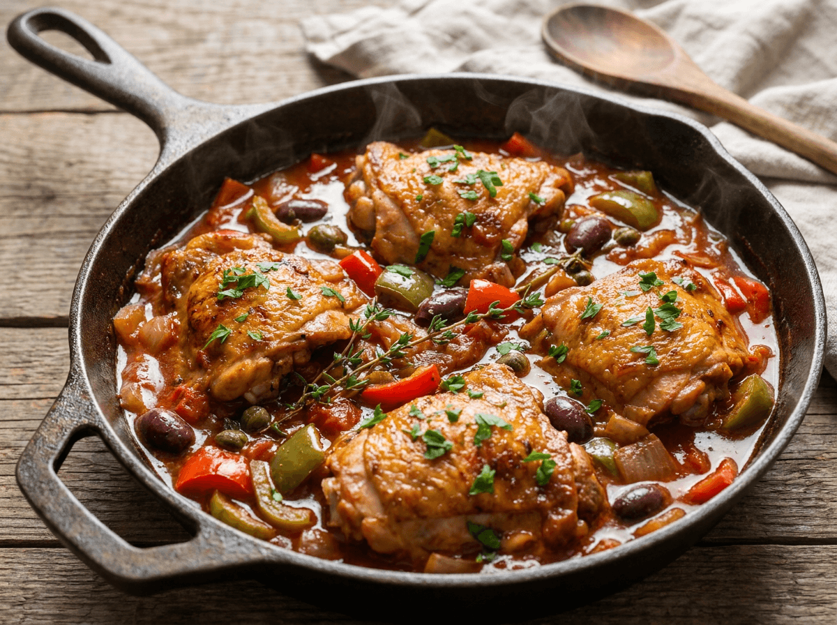 Chicken cacciatore with golden skin simmering in tomato sauce