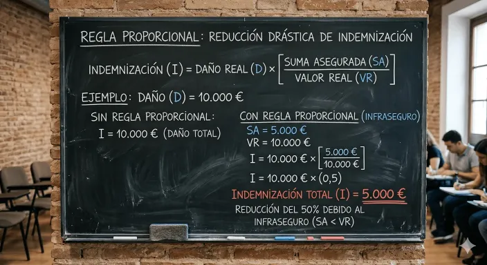 Fórmula matemática de la regla proporcional aplicada por los peritos de seguros ante situaciones de infraseguro.