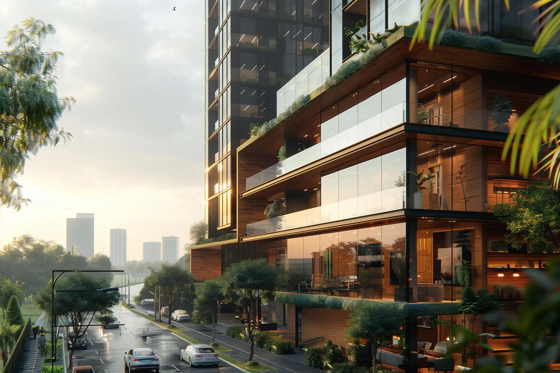 Sunset view of a modern high-rise apartment building with tiered balconies covered in greenery reflecting the warm glow of the evening light.