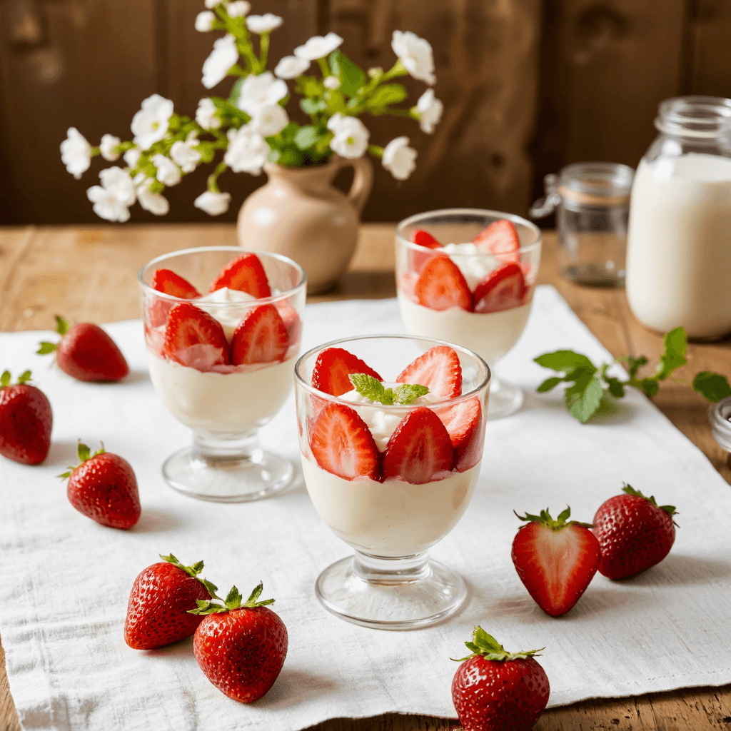 product photography of dessert in glass cups with strawberries and cream