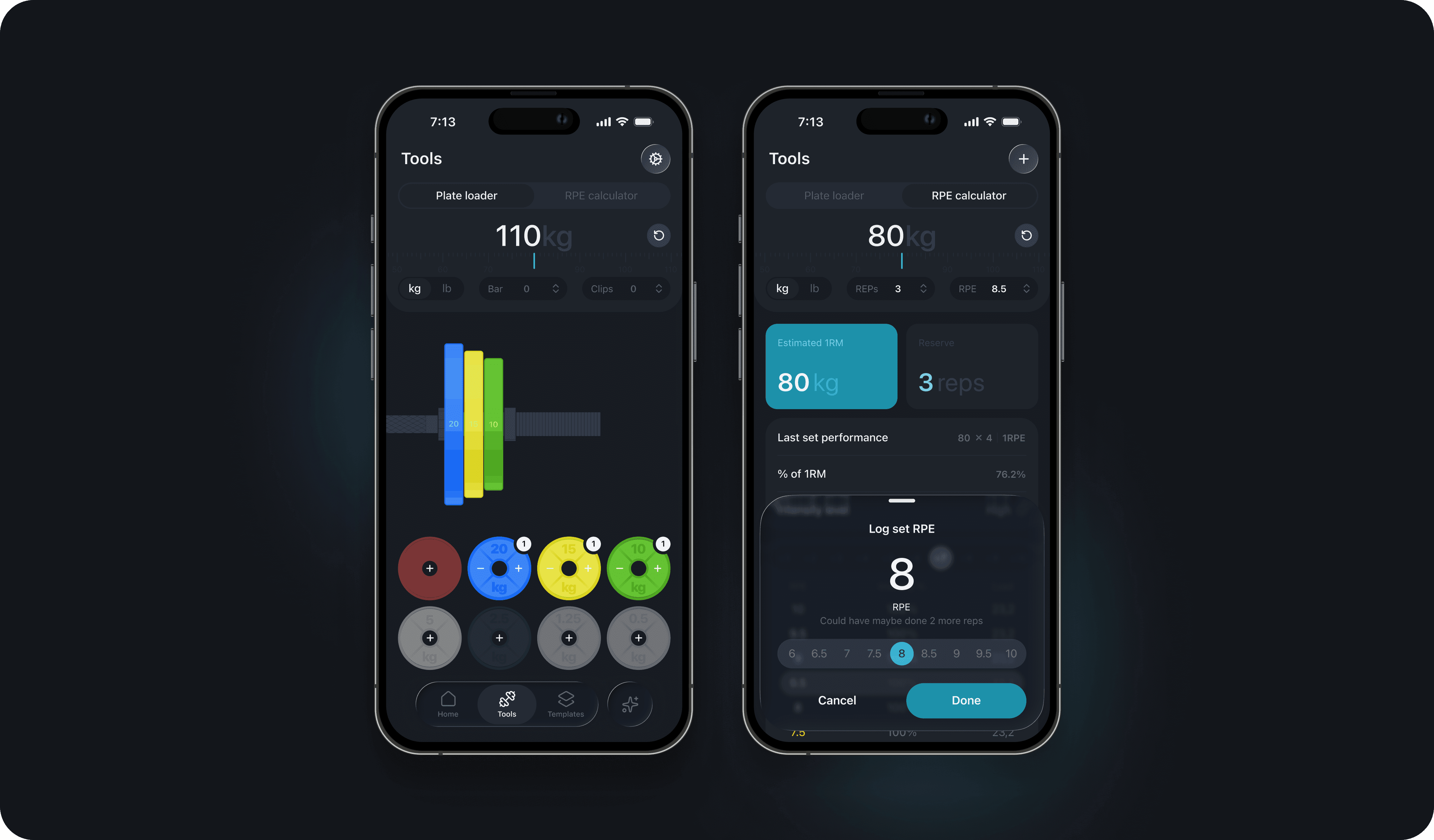 Two smartphones display a dark-themed app interface with colorful charts and data visualizations.