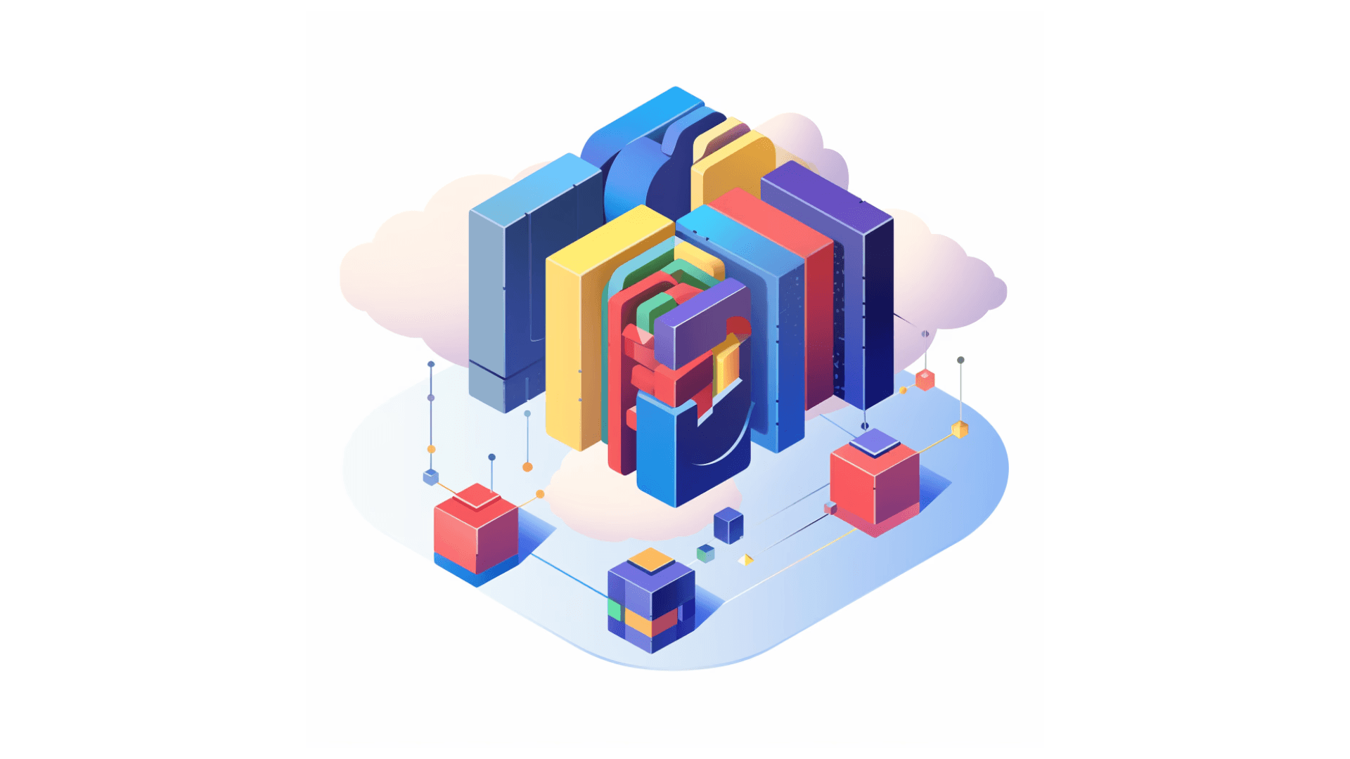 Isometric illustration of colorful 3D bar graphs and abstract data blocks arranged in a cloud environment, representing cloud computing, data management, and digital transformation concepts
