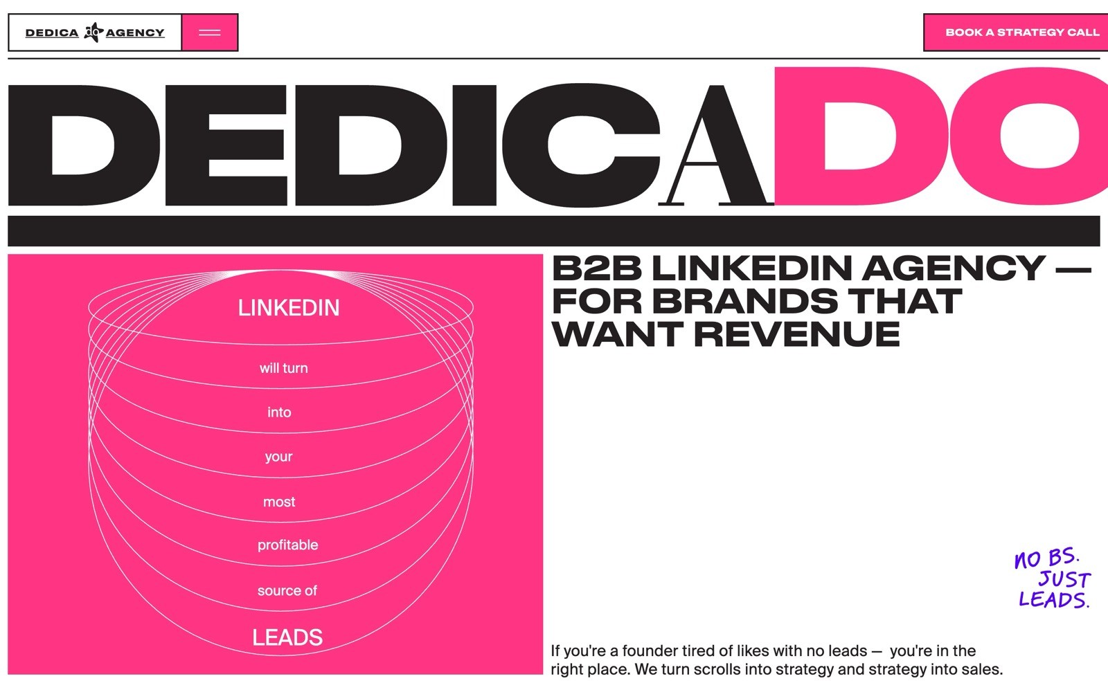 Bold "DEDICA" and "DO" in black and pink. Diagram reads: "LINKEDIN will turn into your most profitable source of LEADS.
