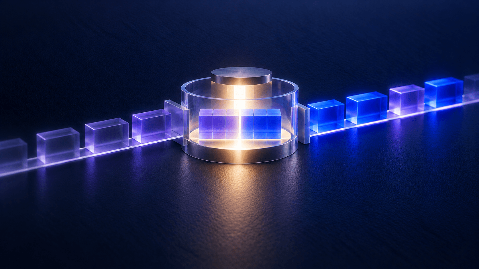 Blue and violet glass order blocks meet inside a warm illuminated circular auction chamber on a dark navy field