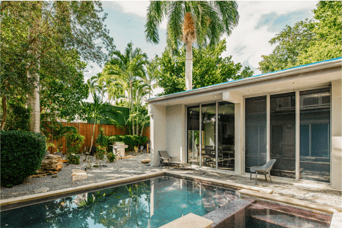 poolside lounge area at Contra House—perfect for relaxing in a Key West vacation rental designed for comfort
