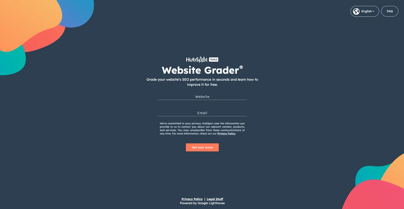 HubSpot Website Grader form asking for a website and email to generate an SEO score