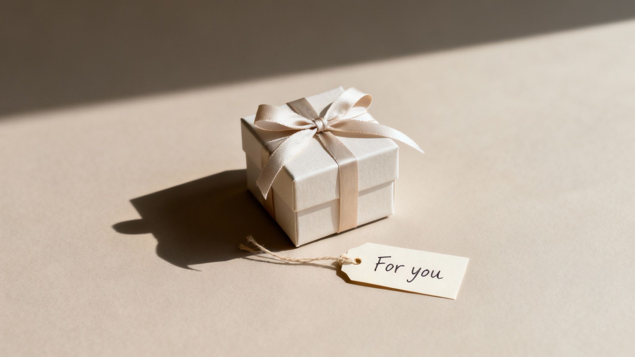 A small cream gift box with a satin bow and a 'For you' tag on a beige surface with shadows.