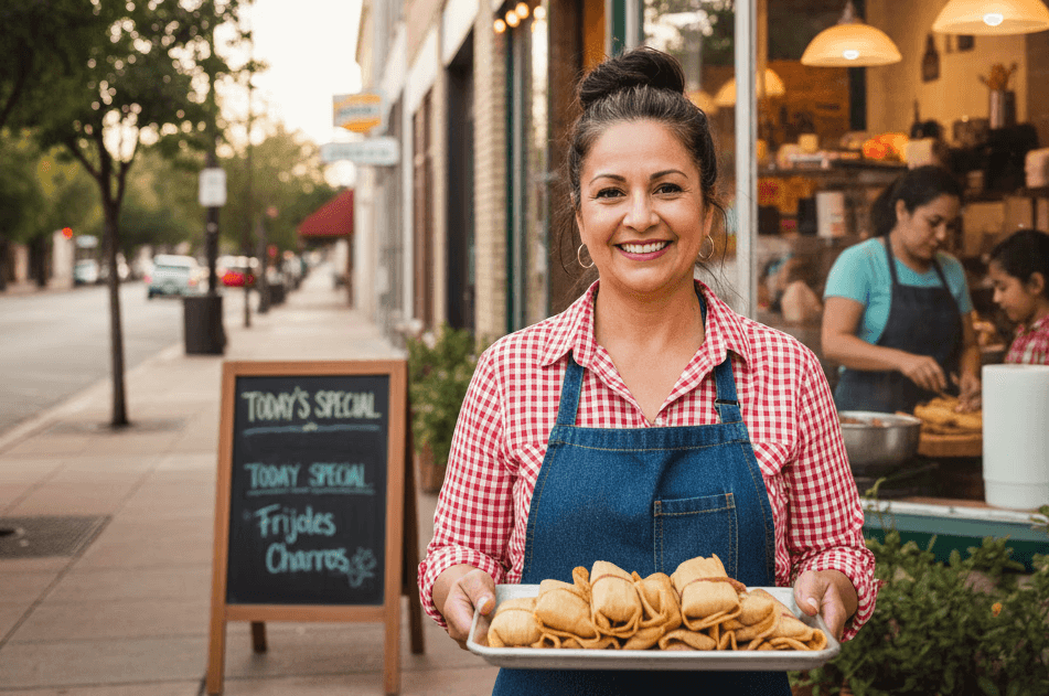 A texan business woman standing infront of her shop