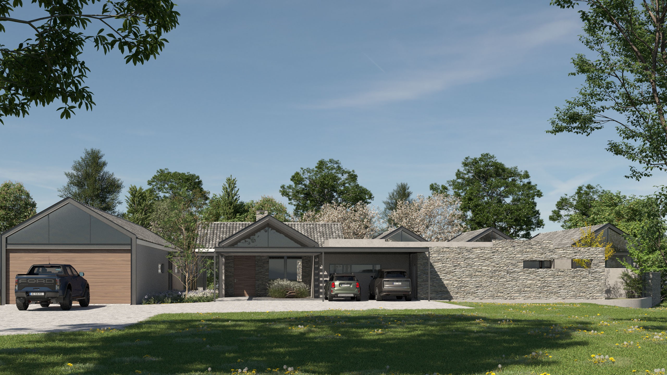 Modern Gable Farm house with green grass