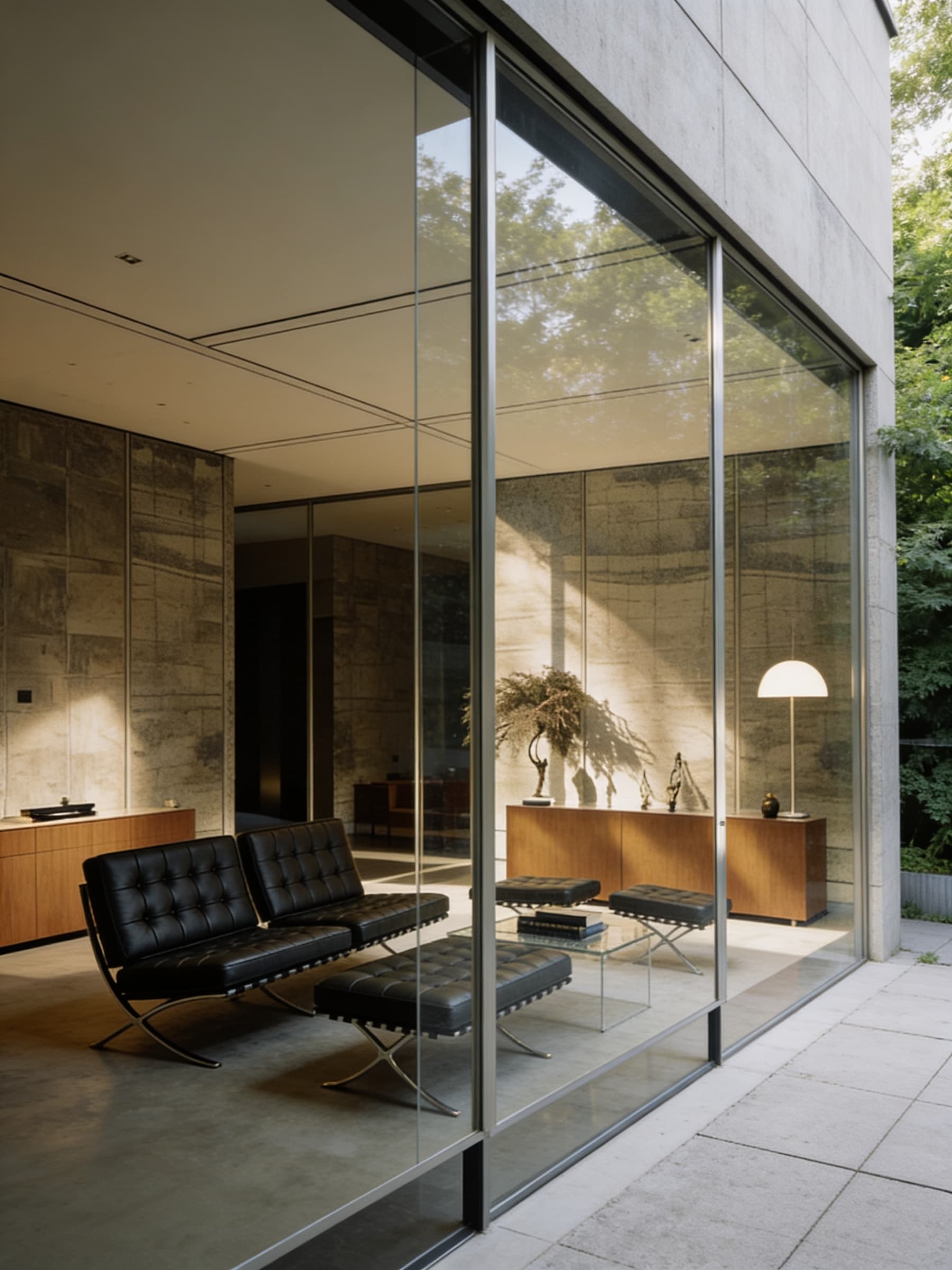 A modern glass house with minimalist interior design, featuring floor-to-ceiling windows, a lush green forest view, sleek black chairs, and a wooden sideboard with natural light streaming in.