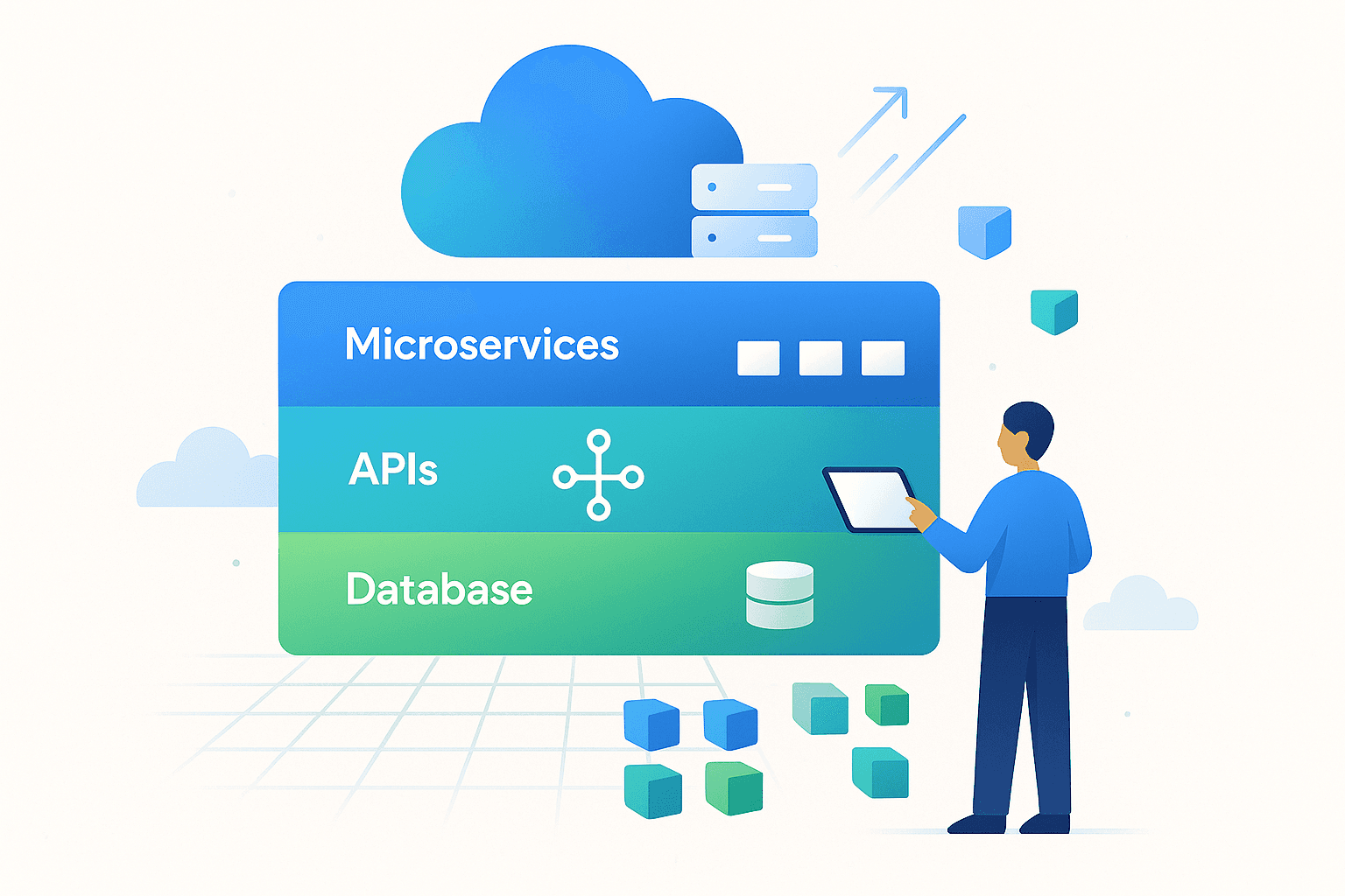 Google-style clean vector illustration of cloud-native architecture layers — microservices, APIs, and databases structured in a modular grid symbolising scalable enterprise systems.