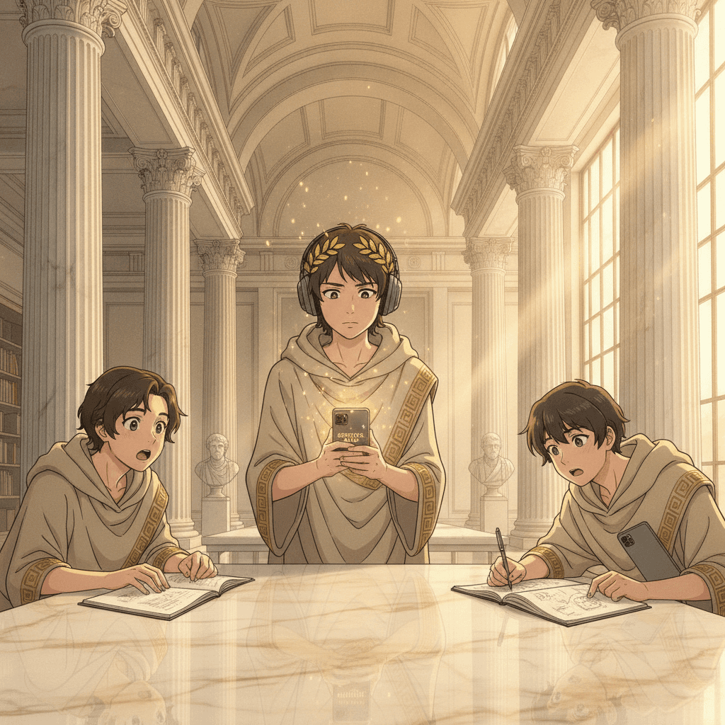 One student generating a quiz on a phone at a marble table while three group members lean in with notebooks