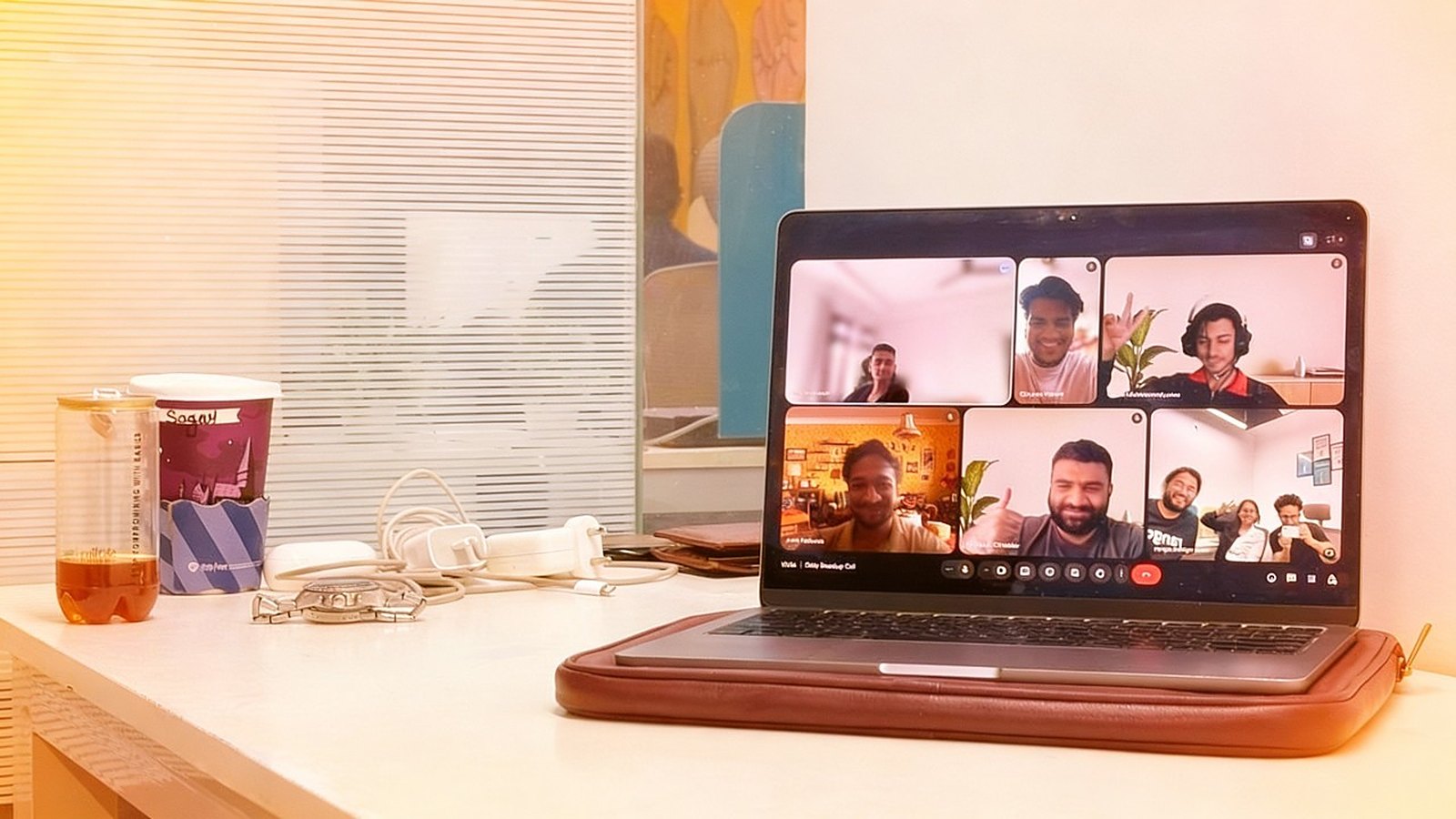 Laptop on an office desk showing a video call with Rango team members