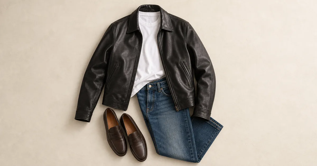 leather jacket + white tee + straight jeans arranged on a warm ivory background