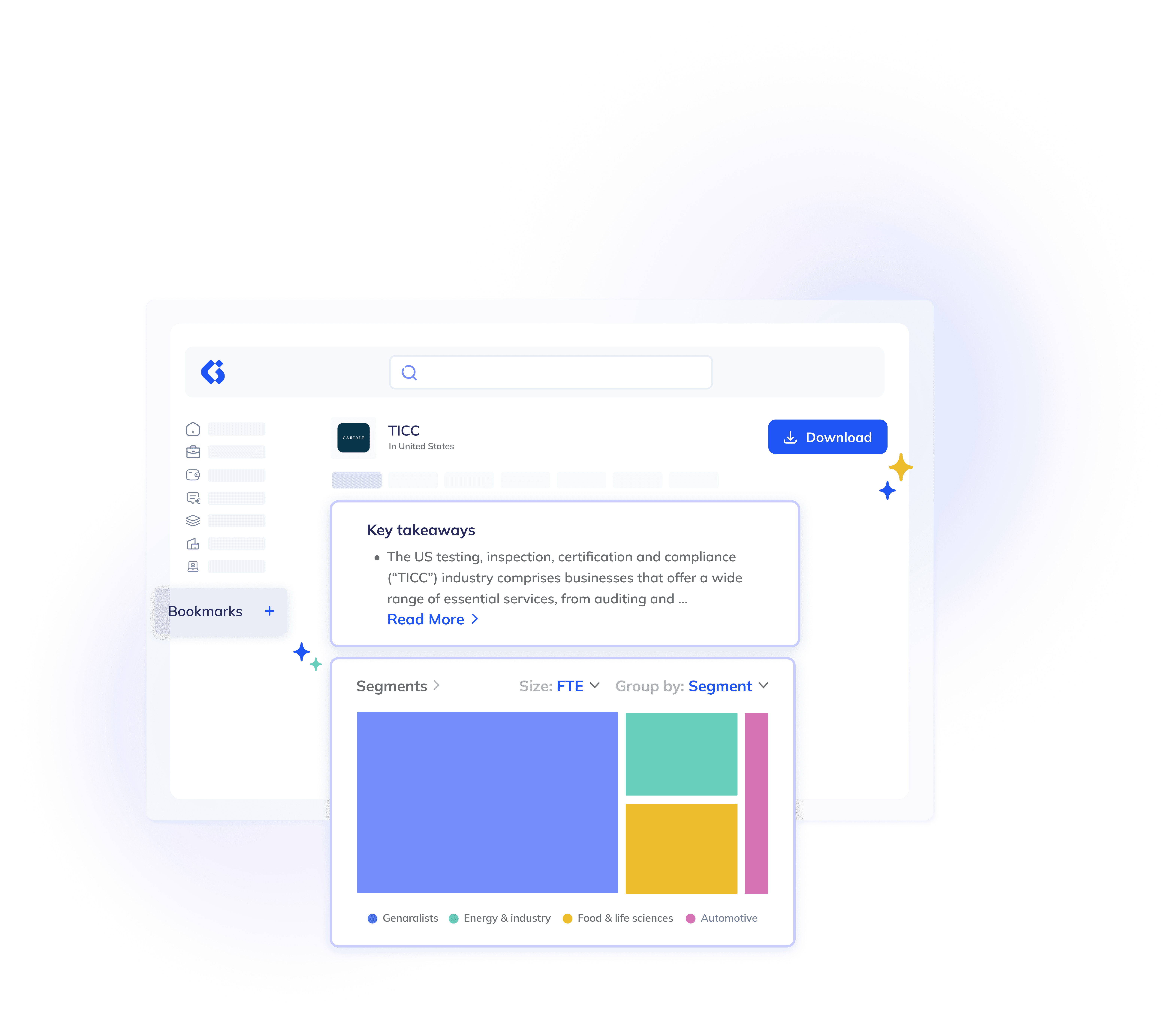 Business analytics dashboard showing key takeaways, segment breakdown, and download option for TICC industry data, with color-coded chart for generalists, energy and industry, food and life sciences, and automotive segments.