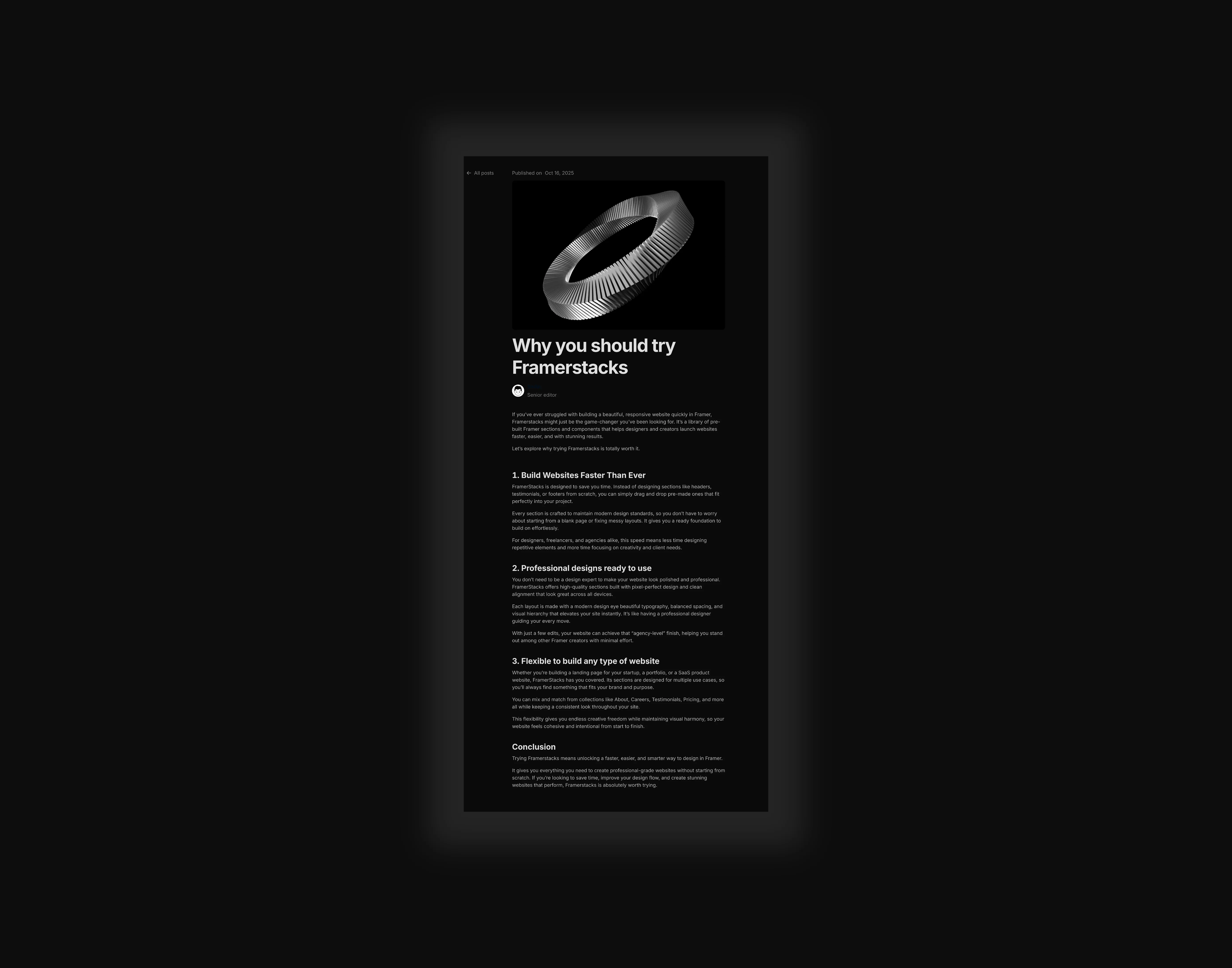 A dark themed cms blog detail page design for desktop and tablet devices