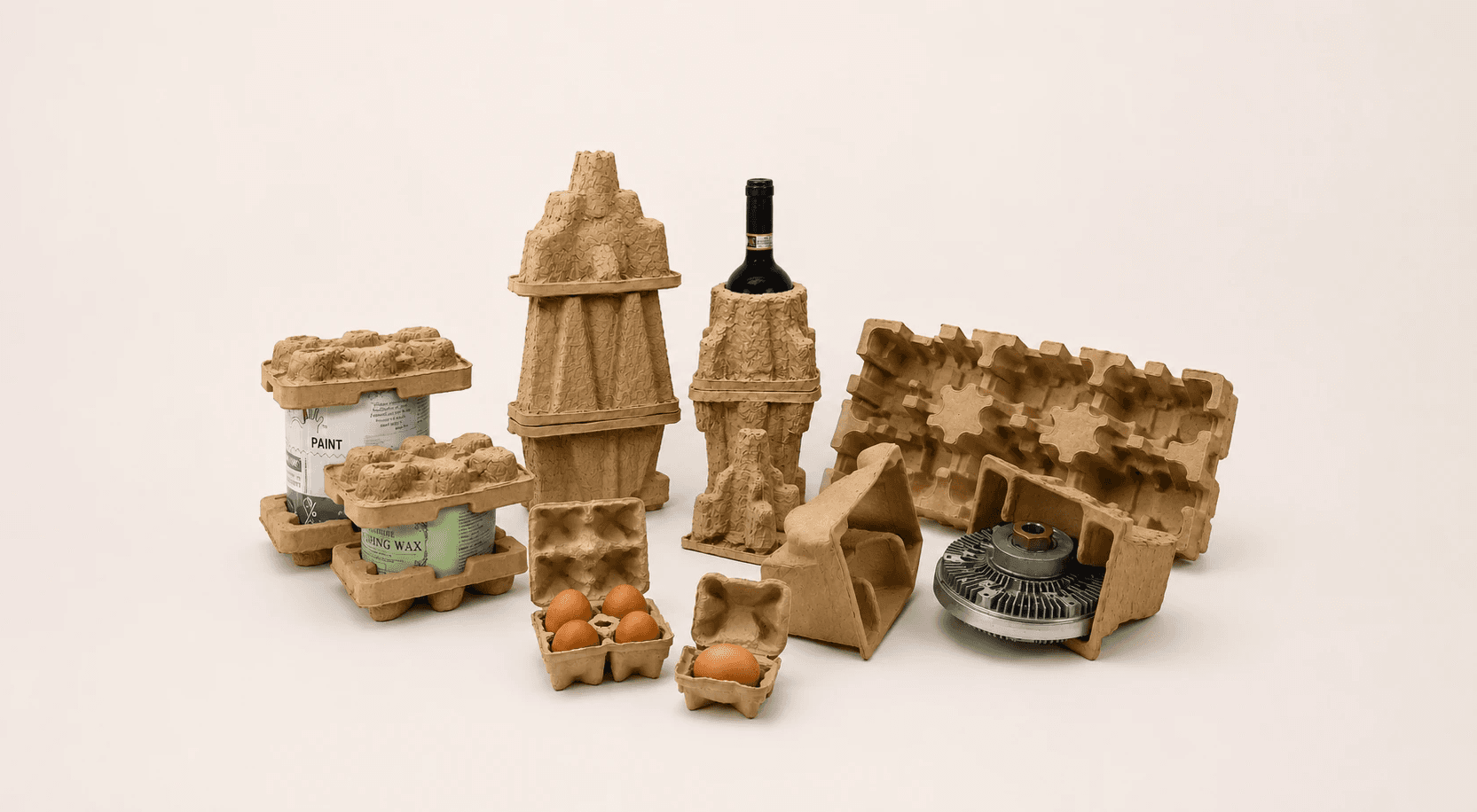 Stacked molded fiber packaging trays produced by Tomeco Pulp Systems, a Ryleon company. Sustainable molded pulp packaging designed as an eco-friendly alternative to plastic and EPS foam for protective transport and industrial applications.