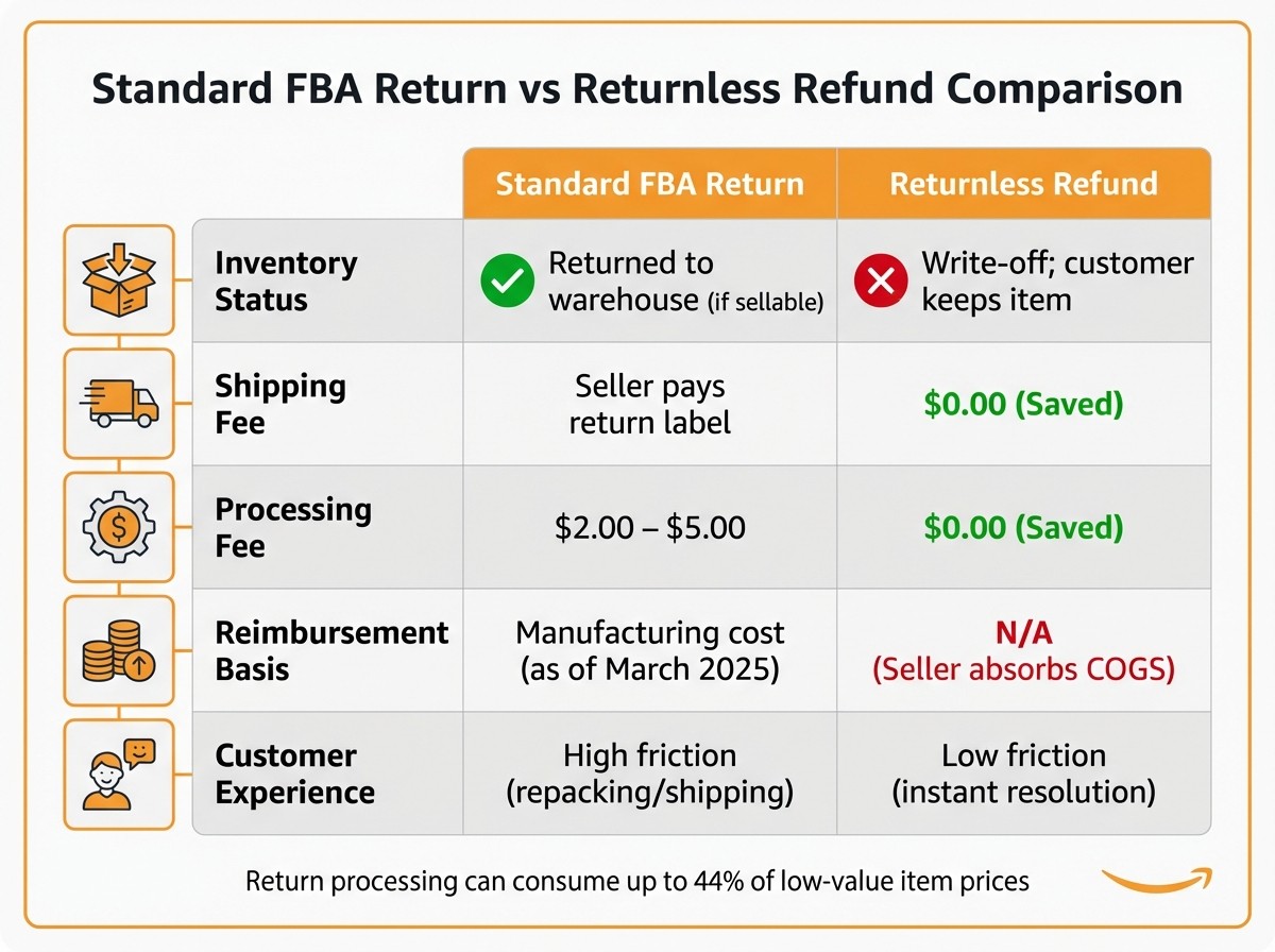 Standard FBA Return vs Returnless Refund Comparison Chart