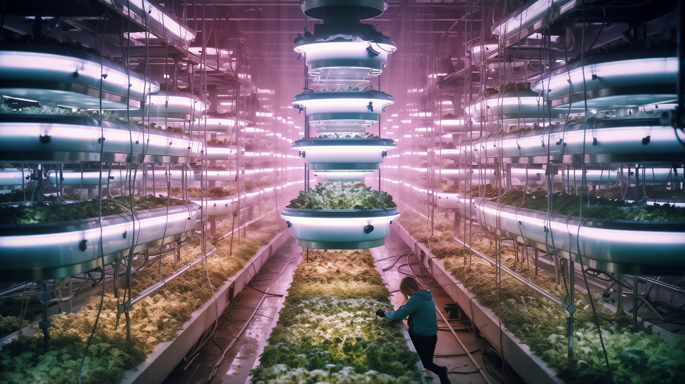 An indoor vertical farm with multiple levels of hydroponic plant beds in a brightly lit, industrial environment, with a person tending to the plants on the lower level.