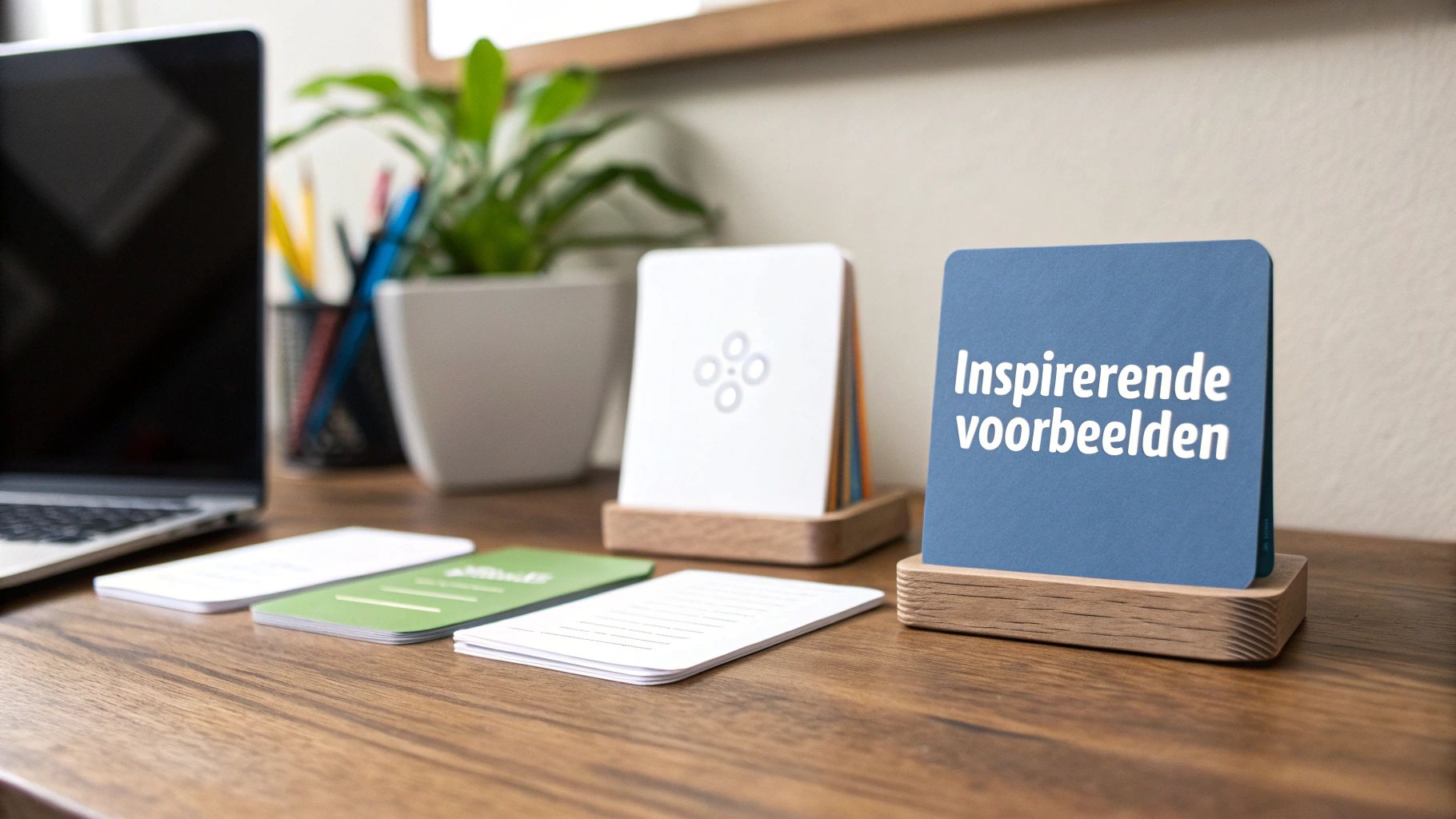 Een georganiseerd bureau met laptop, kamerplant, potloden en verschillende kaarten, waaronder een blauwe kaart met 'Inspirerende voorbeelden'.
