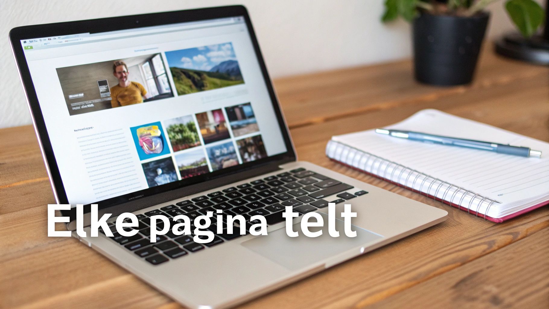 Laptop met geopende website, notitieboek en pen op een houten bureau, ideaal voor het schrijven van teksten.