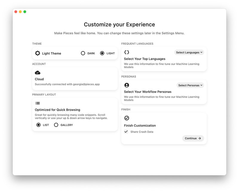 Customizing your experience in the Pieces for Developers Desktop App onboarding.