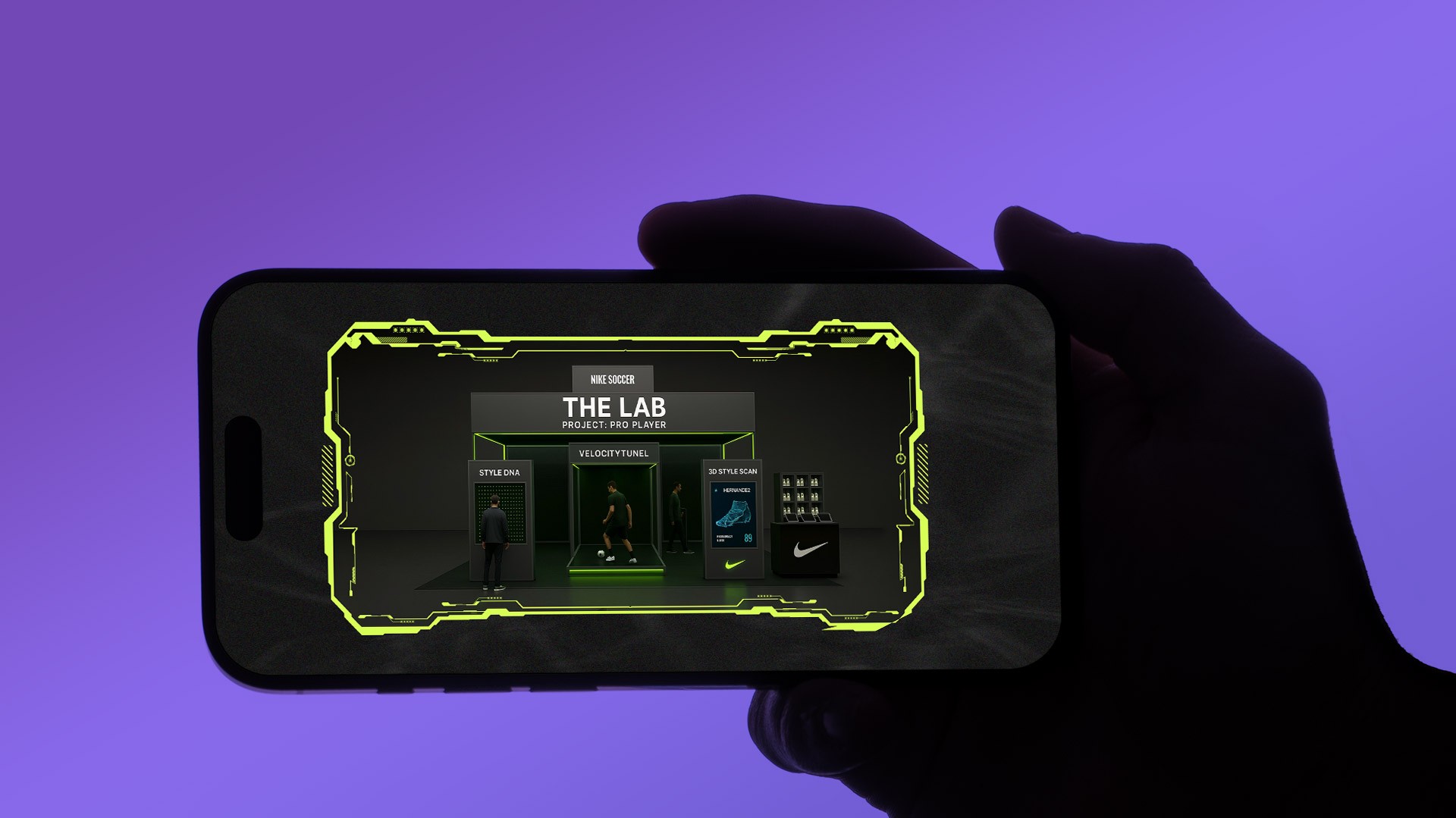 Hand holding a smartphone displaying a Nike interactive retail concept presentation featuring futuristic interface framing, immersive in-store activation design, and neon-accented sports branding visuals.