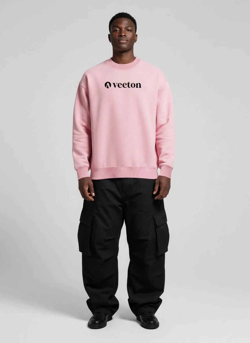 AI fashion model in pink Veeton sweatshirt and black cargo pants, full-body catalog photo