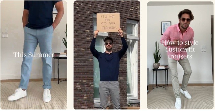 Three UGC-style fashion ads showing a man modeling trousers, holding a sign about fit, and demonstrating how to style custom-fit trousers for summer.