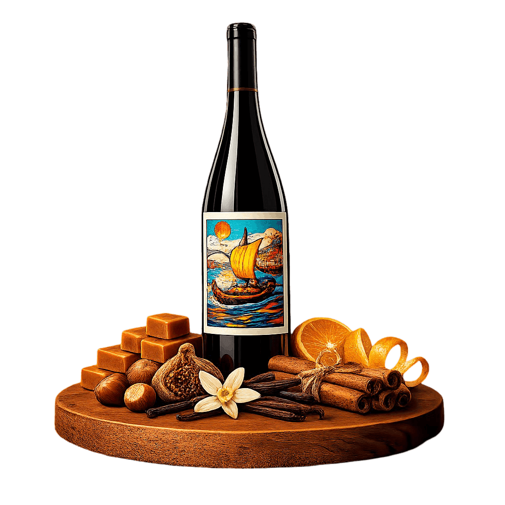 Artistic label and flavor profile for Portuguese Tawny Port on a rustic wooden table.