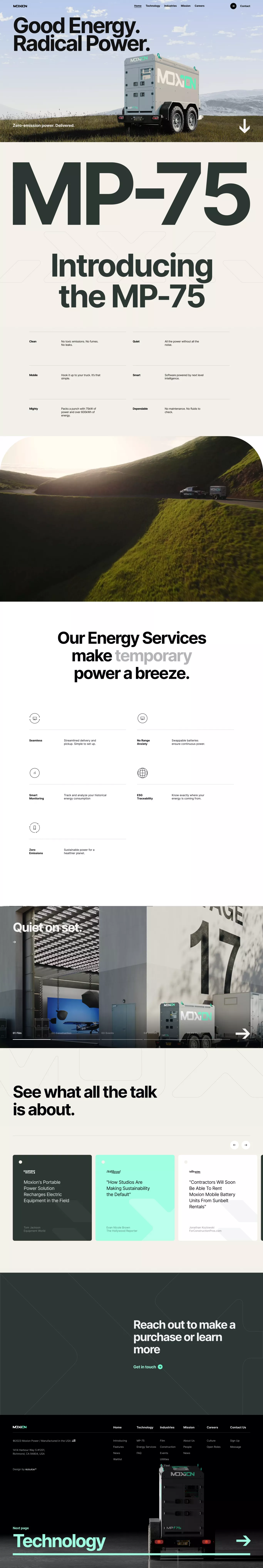 Moxion Power landing page screenshot showcasing Tech design