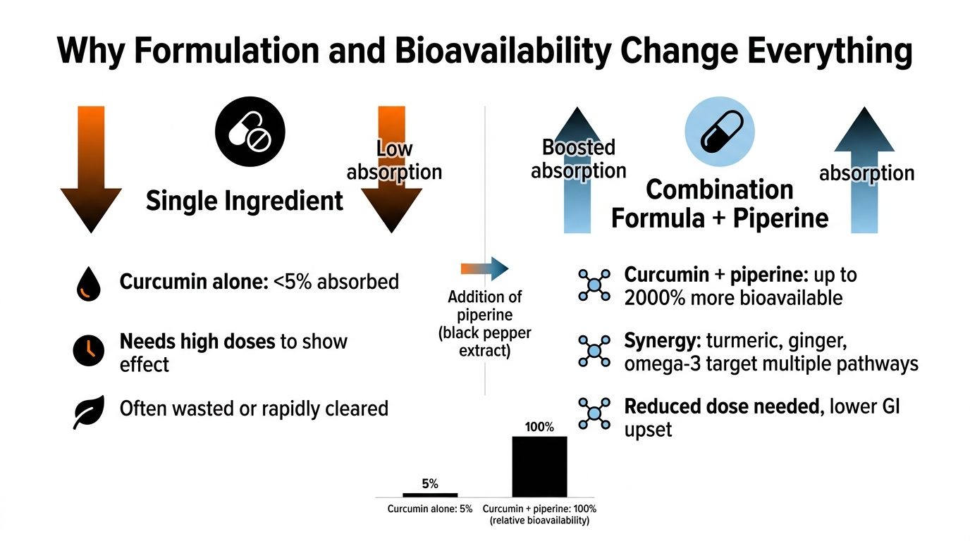 A comparison infographic showing how piperine improves the bioavailability and absorption of curcumin compared to single ingredients.