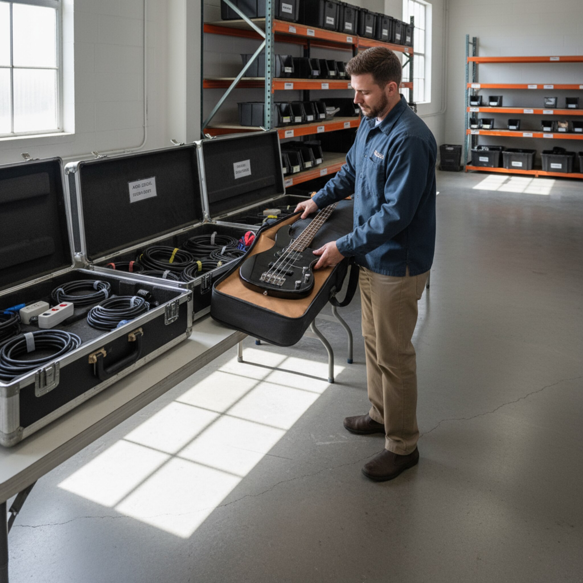 In einem hellen Lagergang wird ein E-Bass in eine gepolsterte Tasche geschoben. Nebenan liegen Kabel und Stative ordentlich sortiert in offenen Cases. Das Morgenlicht zeichnet klare Kanten auf den Betonboden. Eine ruhige, konzentrierte Bewegung, kurz bevor die ersten Abholungen starten.