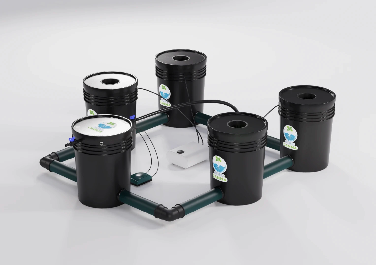 Hidro Canna product render — hydroponic bucket system connected by tubing