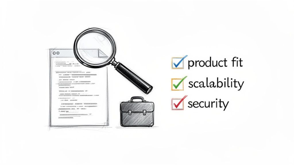 A sketch showing a magnifying glass, document, briefcase, and checklist for product fit, scalability, and security.