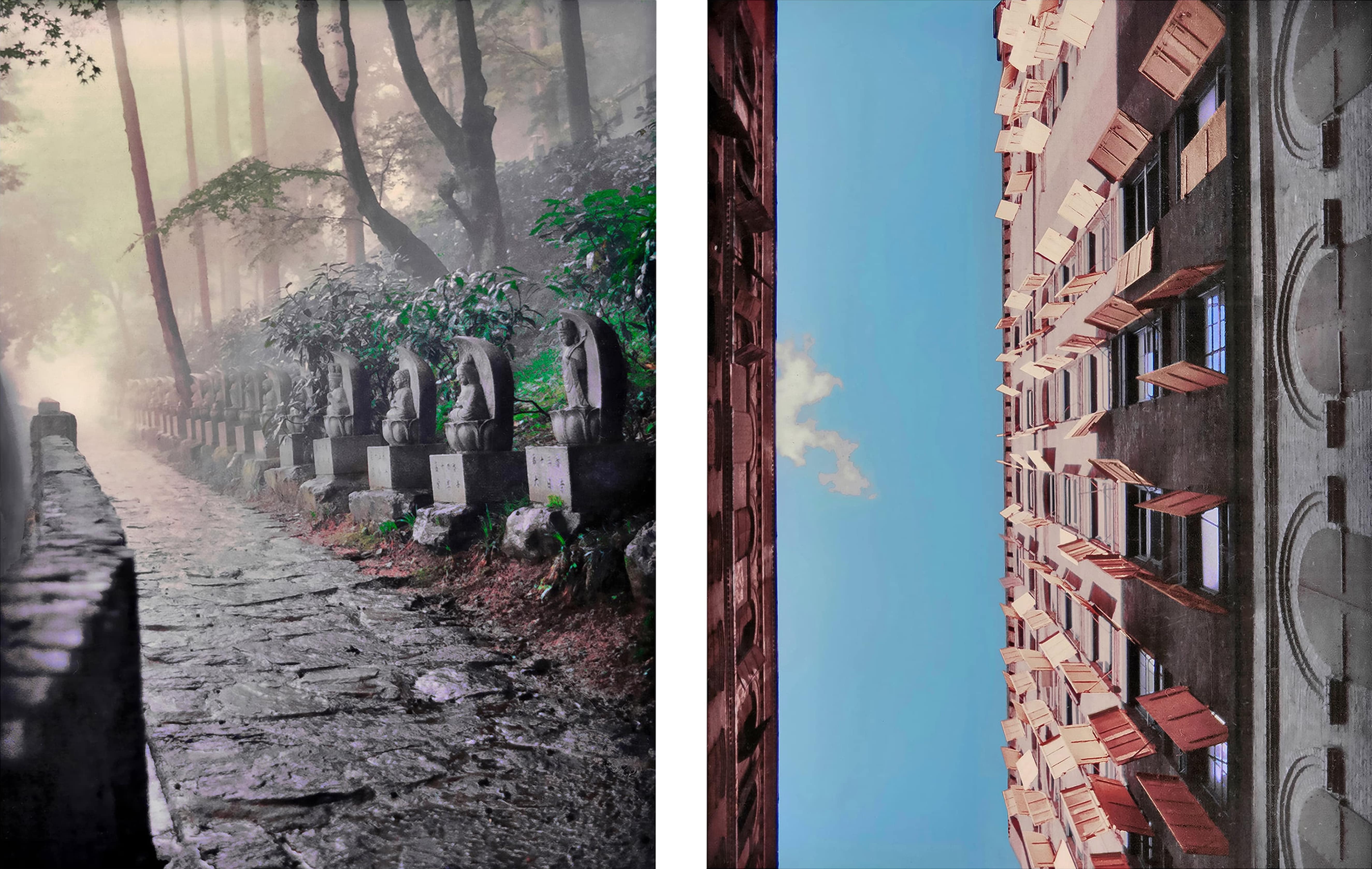 Diptych featuring two contrasting photographs: on the left, a misty stone path lined with weathered statues in a forest; on the right, a vertical perspective of a sunlit building facade with red shutters against a clear blue sky. The pairing contrasts natural stillness with architectural rhythm.