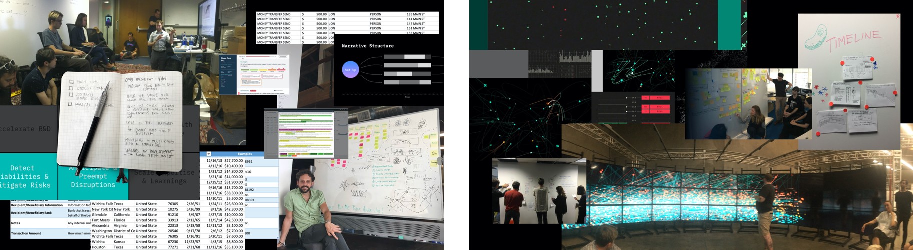 A collage of workshop and co-creation imagery: handwritten notebooks with sketches and notes, whiteboard sessions, data tables, narrative structure diagrams, and photos of team members presenting in IBM's 290-degree immersive room with large-scale data visualizations projected across the walls.