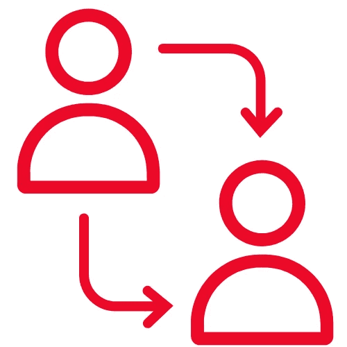 Red icon of two people with arrows, communication, teamwork.