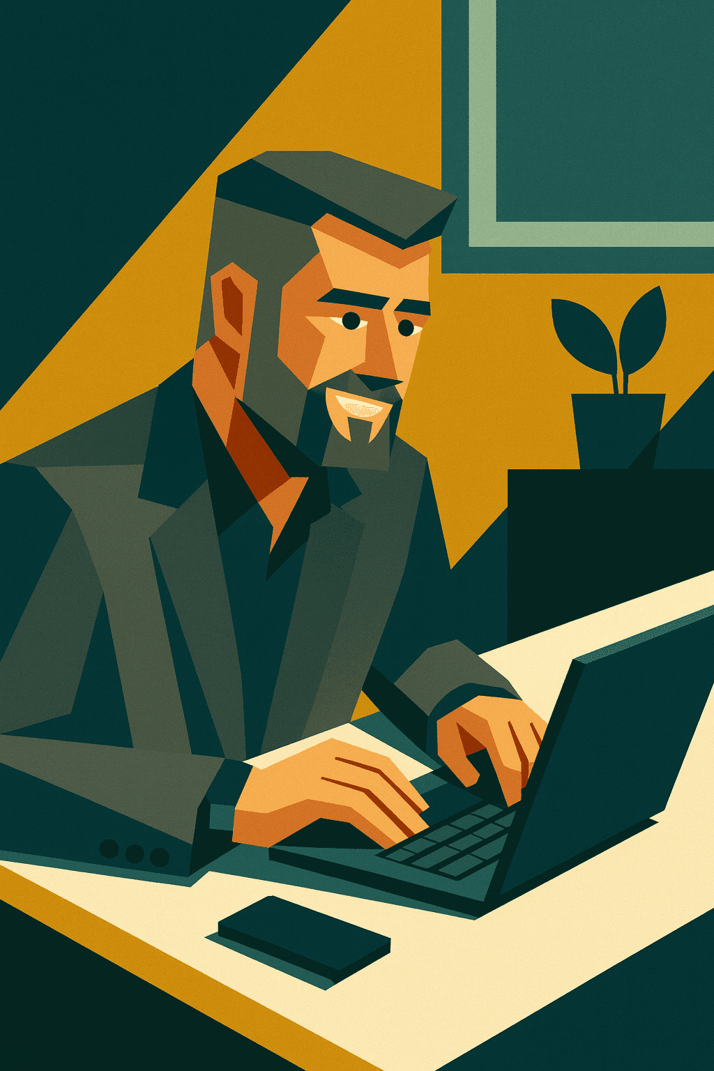 Uomo maturo in giacca grigia che lavora al laptop in ufficio moderno, concentrato sullo schermo con smartphone sul tavolo