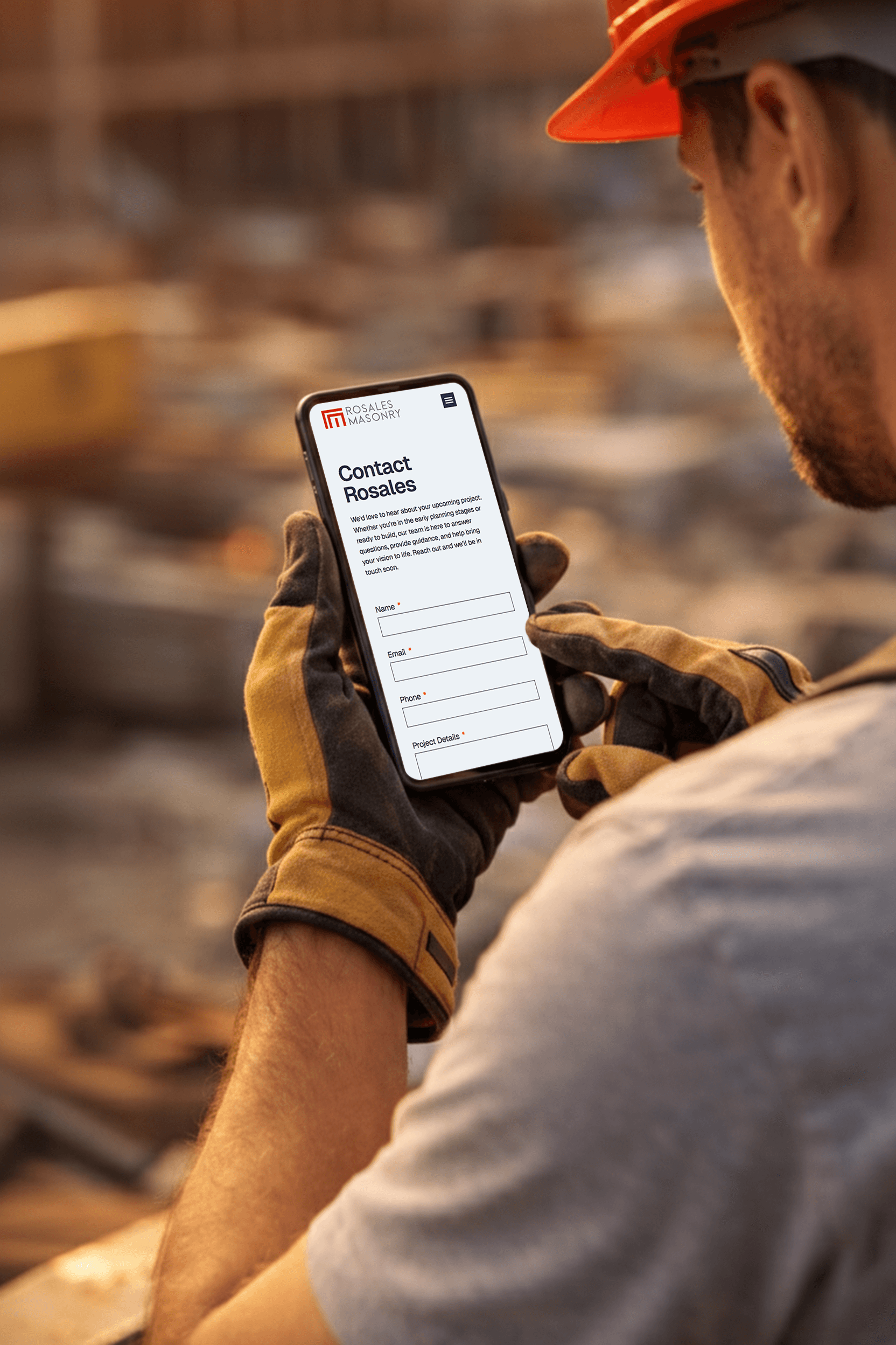 Rosales Masonry contact page on phone screen