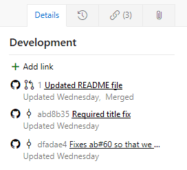 Development section on an Azure Boards work item showing linked GitHub commits and a Fixes AB mention