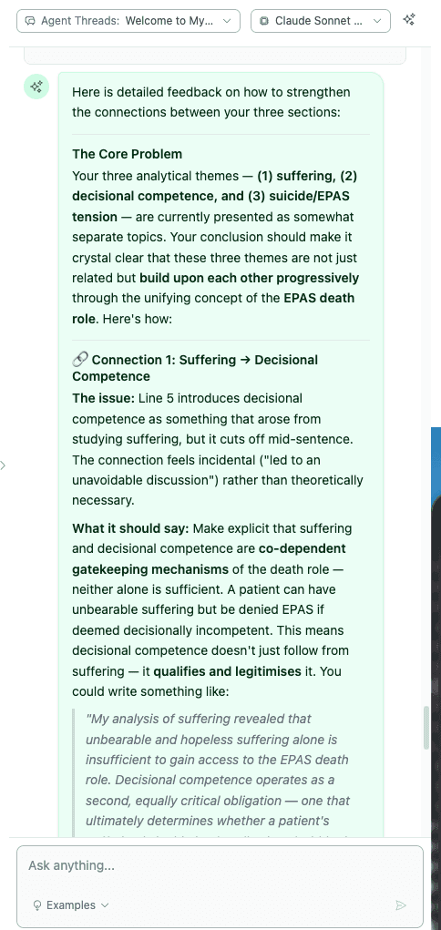 Coauthor AI feedback identifying an analytical connection requiring review in a manuscript conclusion