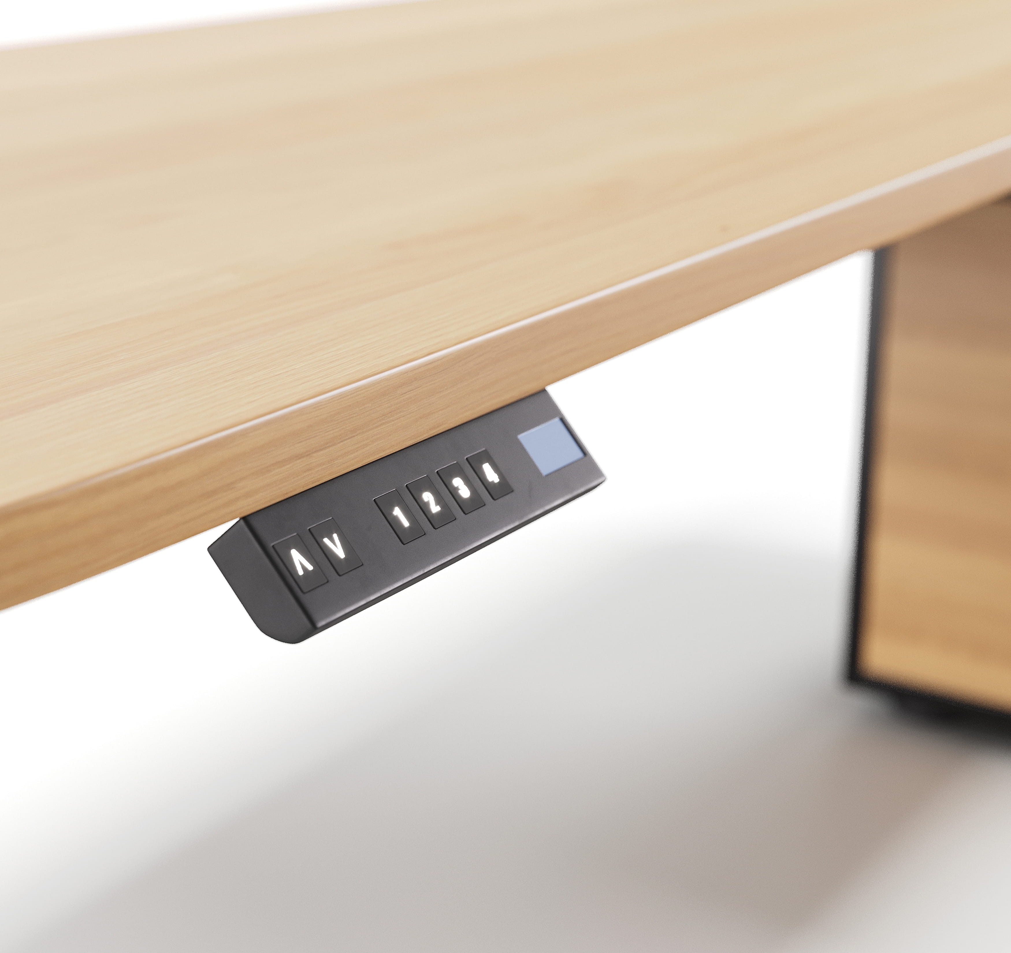 Close-up 3D render of adjustable desk control panel under wooden tabletop