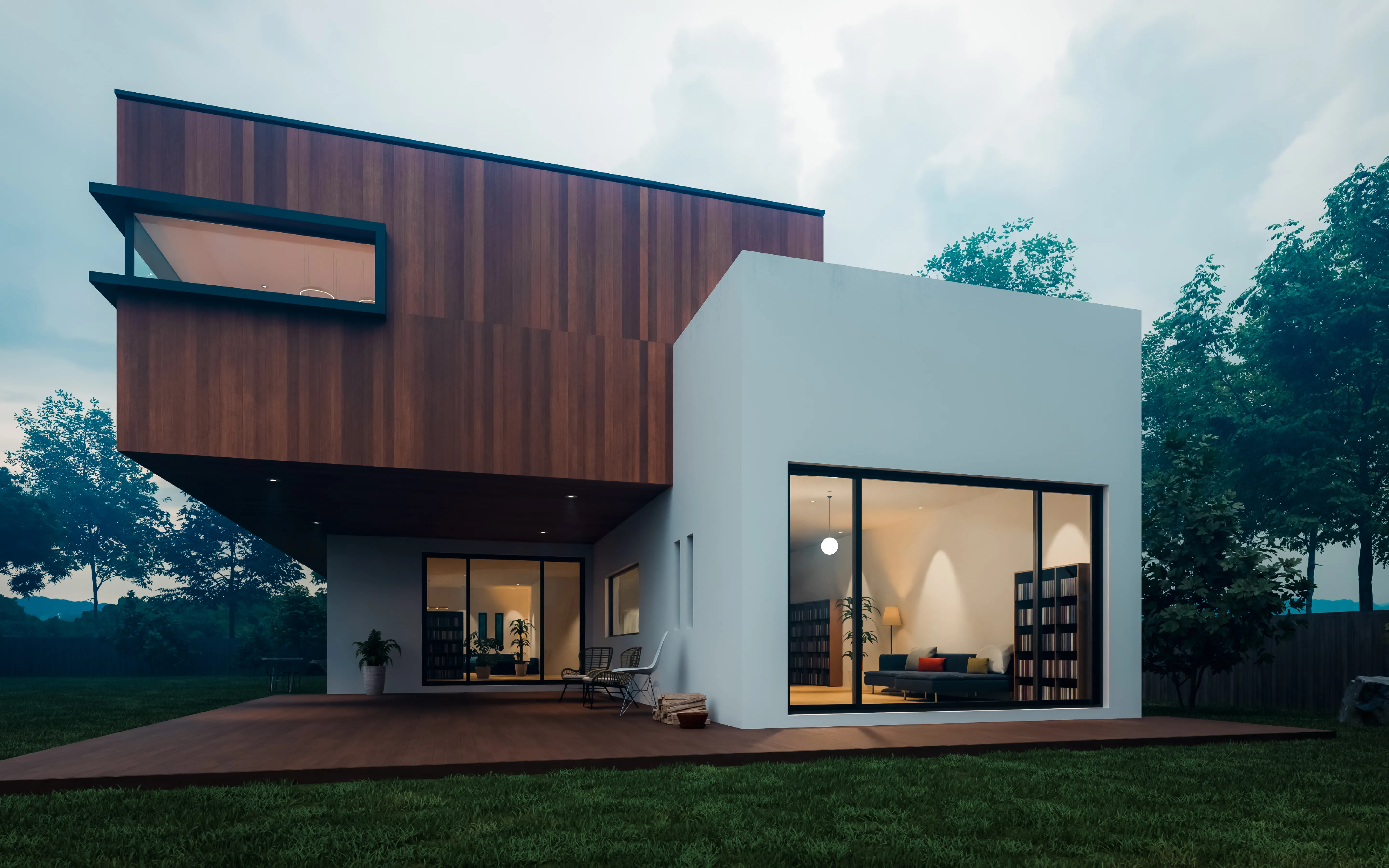 Modern two-story house featuring wood paneling, white stucco, and large glass windows overlooking a backyard deck.