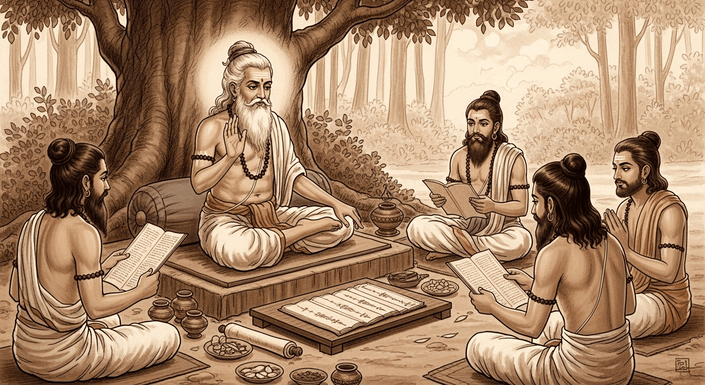 Ancient Ayurvedic sage teaching students from traditional palm-leaf manuscripts under a tree in a serene forest setting.
