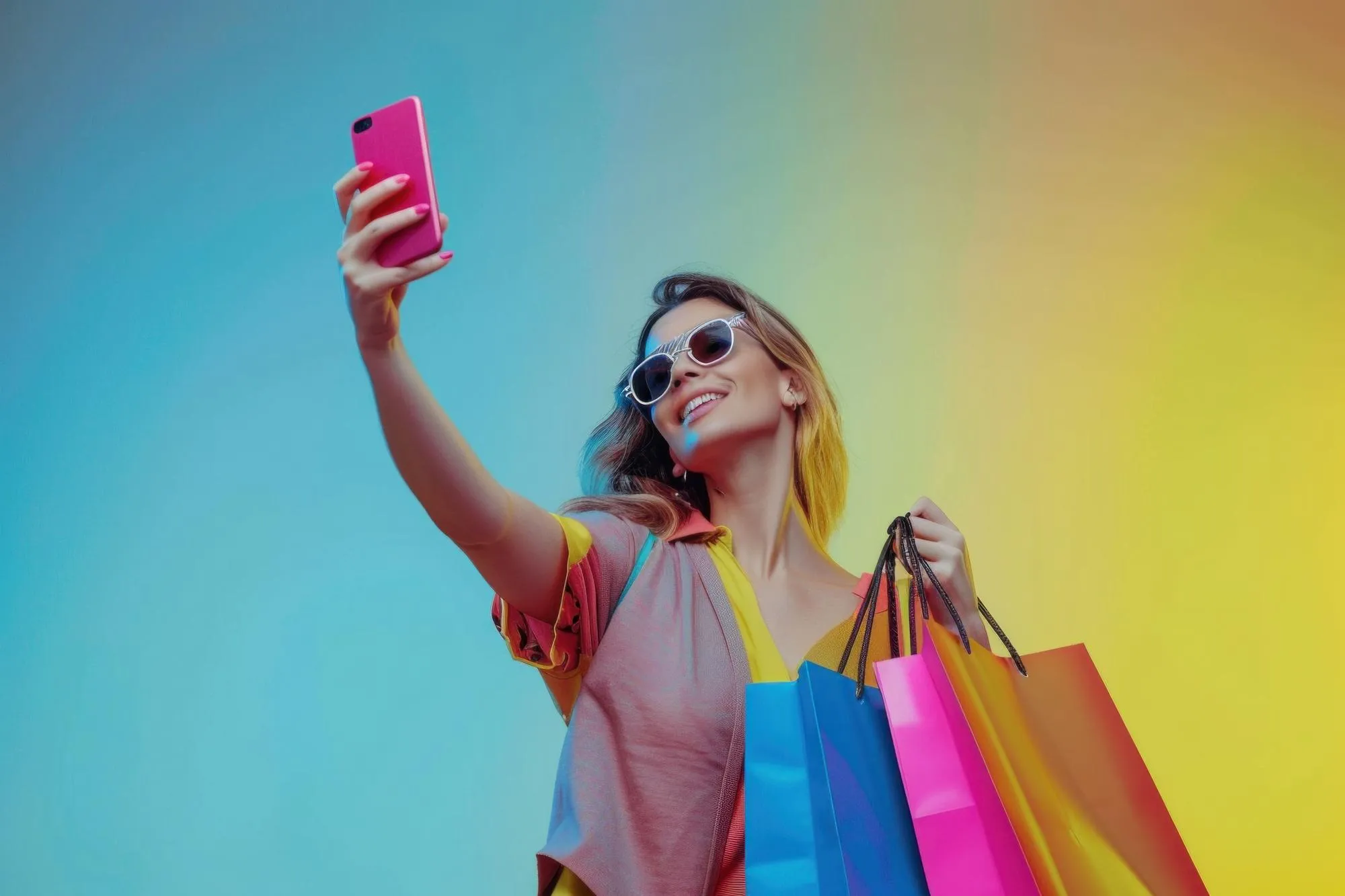 A stylish woman taking a selfie with shopping bags, symbolizing social commerce success via the TikTok Shop integration.