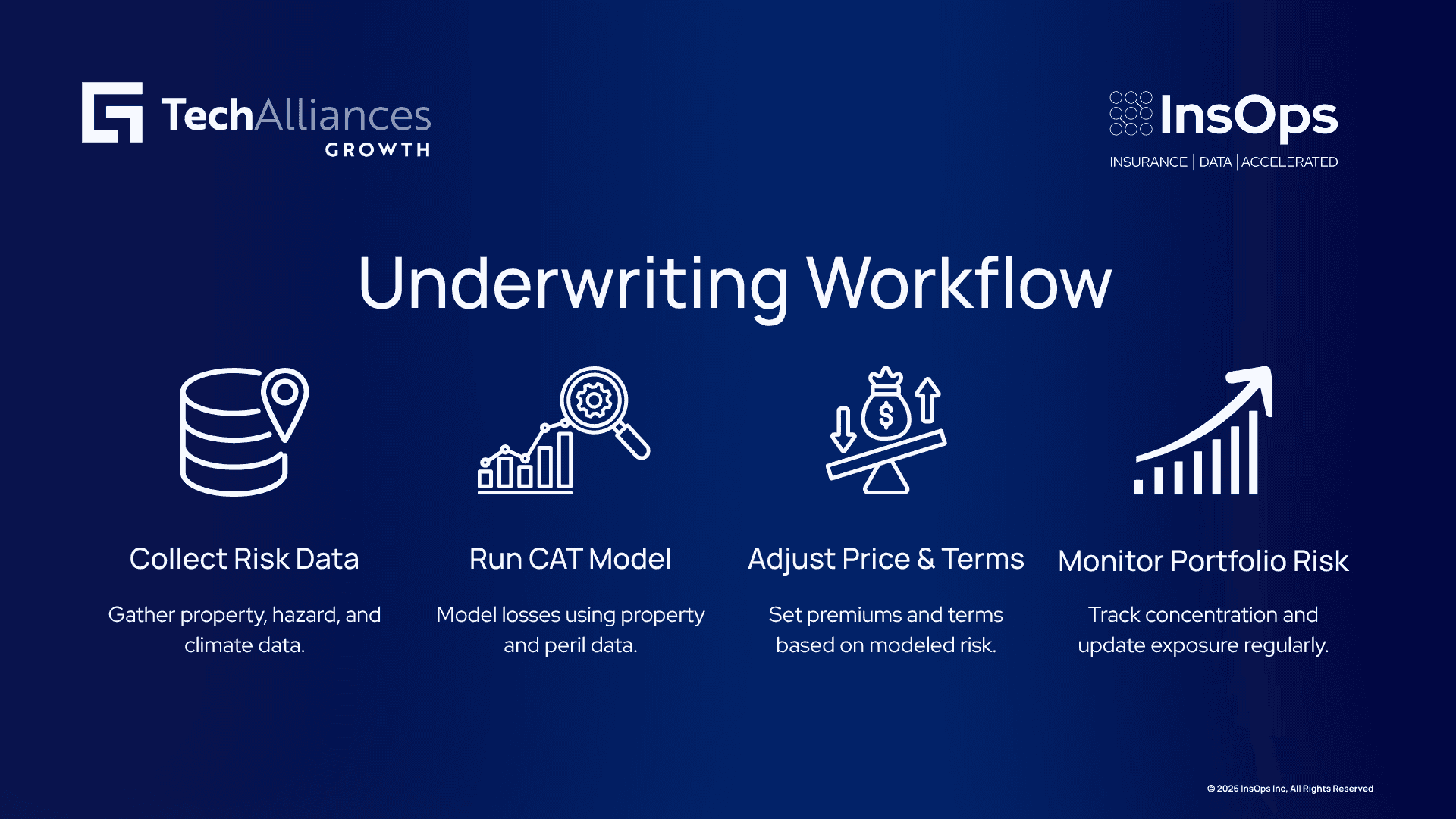 Four-step underwriting workflow showing data collection, CAT modeling, pricing adjustments, and portfolio risk monitoring.