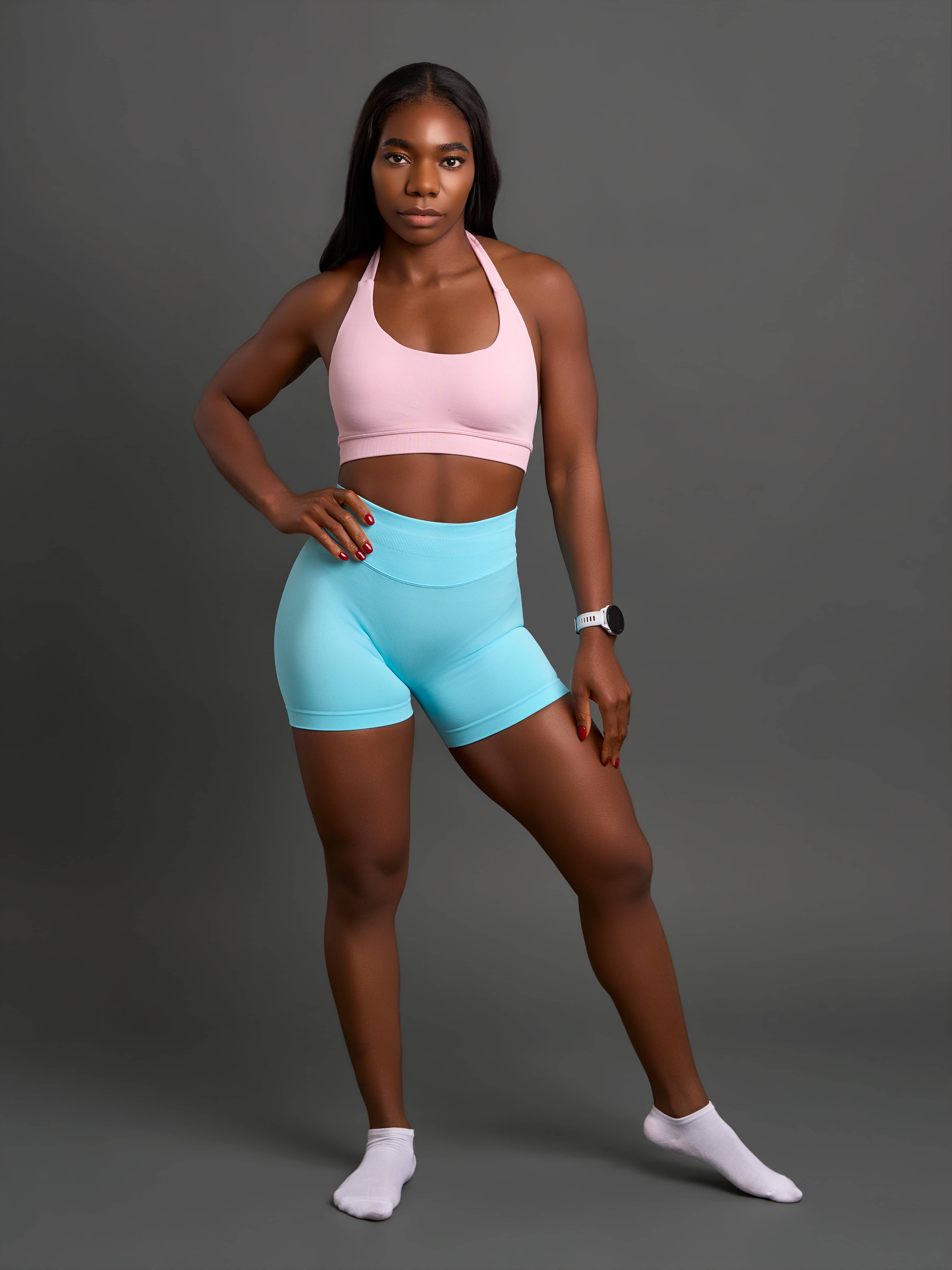 Modern activewear photography with bold poses and clean urban background